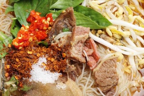 Meat noodle with vegetable and soup delicious
