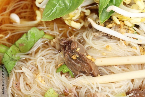 Meat noodle with vegetable and soup delicious