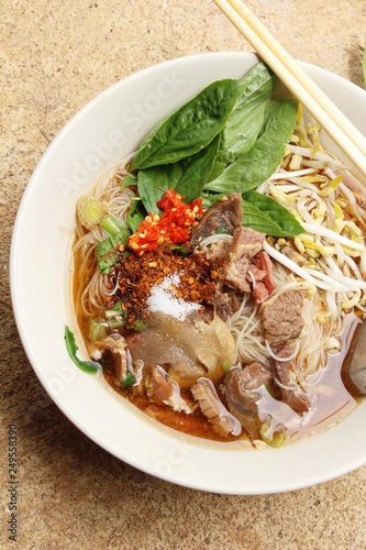 Meat noodle with vegetable and soup delicious