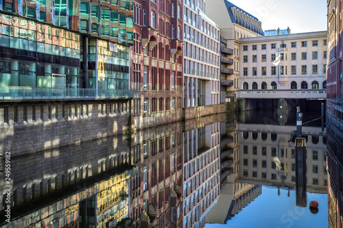Urbaner Kanal in Hamburg mit Spiegelung entzerrt sonnig