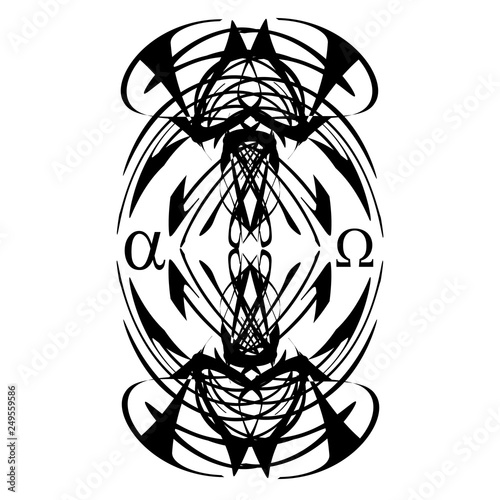 Tattoo designs. Alpha and Omega, abstract element on white background, black pattern vector