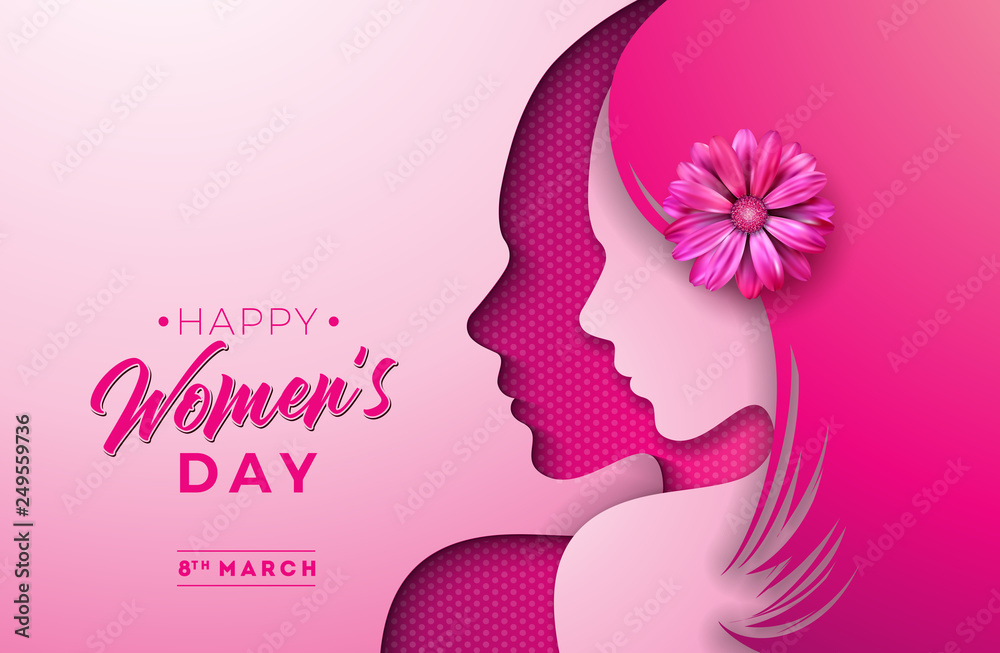 8 March. Womens Day Greeting Card Design with Young Woman Silhouette and Flower. International Female Holiday Illustration with Typography Letter on Pink Background. Vector Calebration Template. 8 March. Womens Day Greeting Card Design with Young Woman Silhouette and Flower. International Female Holiday Illustration with Typography Letter on Pink Background. Vector Calebration Template.