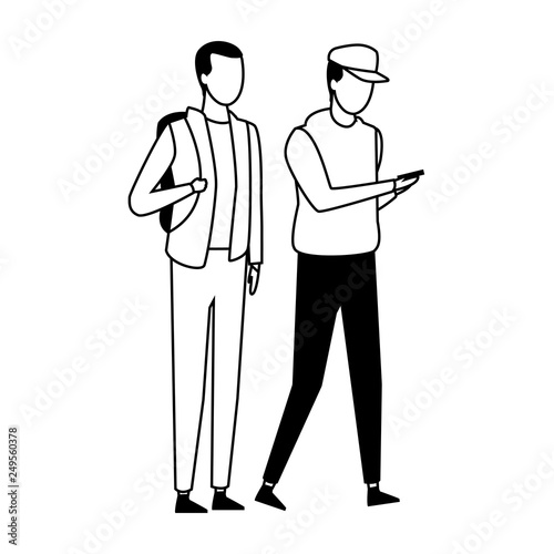 faceless guys bagpack walking black and white