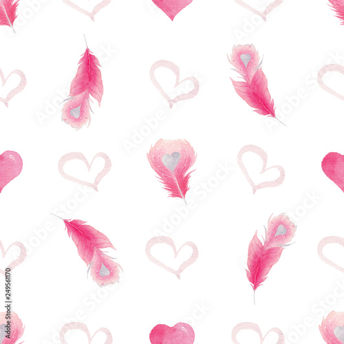 Watercolor seamless pattern with bright pink hearts and feathers.