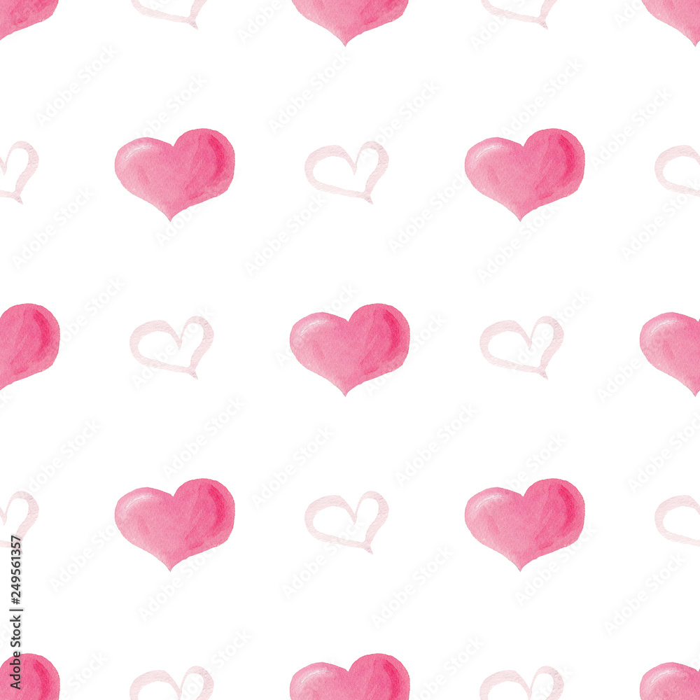 Watercolor seamless pattern with bright pink hearts.