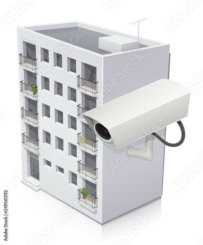 Immeuble et sa caméra de vidéosurveillance (reflet)