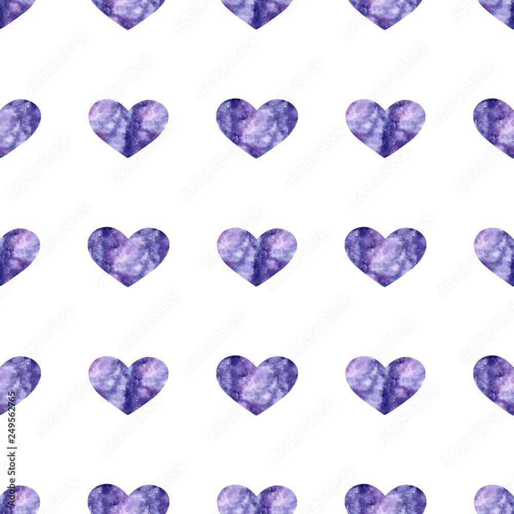 Watercolor seamless pattern with bright galaxy hearts.