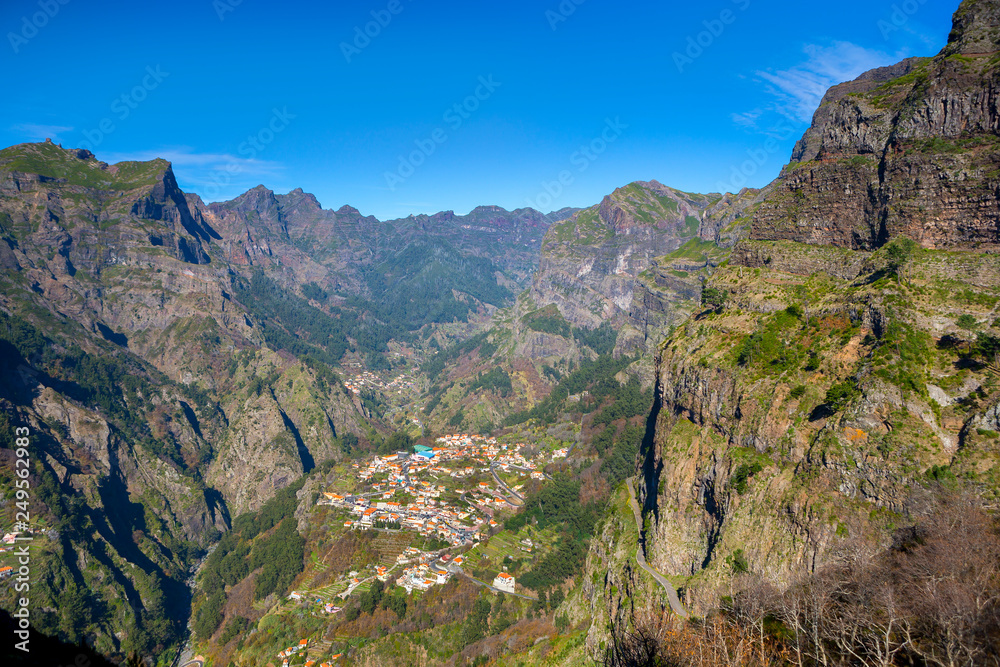 Panorama of isolated high cliff valley of Curral das Freiras. Madeira, Portugal. Panorama of isolated high cliff valley of Curral das Freiras. Madeira, Portugal.