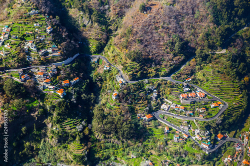 Panorama of isolated high cliff valley of Curral das Freiras. Madeira, Portugal.