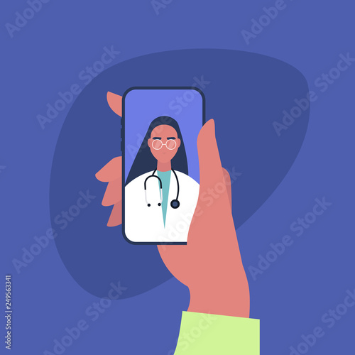 Doctor appointment. Online consultation. Modern healthcare technologies. Hospital. Millennial patient. Flat editable vector illustration, clip art