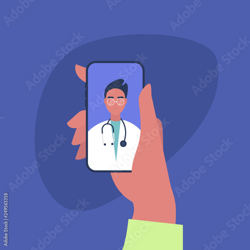 Doctor appointment. Online consultation. Modern healthcare technologies. Hospital. Millennial patient. Flat editable vector illustration, clip art