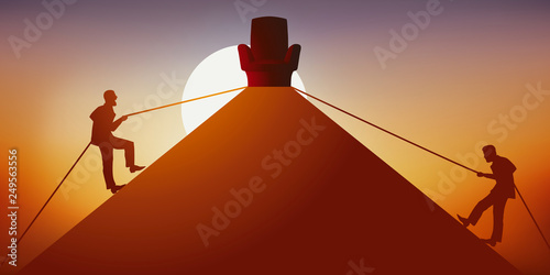 Concept de la course au pouvoir avec deux hommes qui montent de part et d’autre d’une pyramide pour atteindre en premier le sommet où se trouve un trône, symbole du leadership