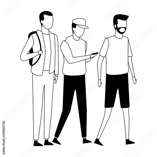 faceless guys bagpack walking black and white