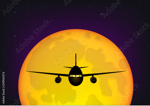 airplane flying against the background of the full moon and the starry night sky, horizontal vector illustration