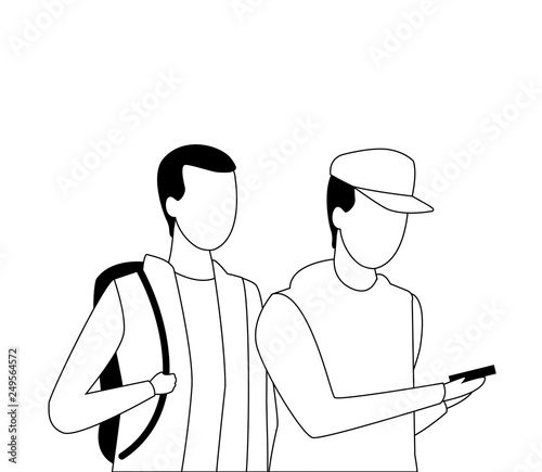 faceless guys bagpack walking black and white