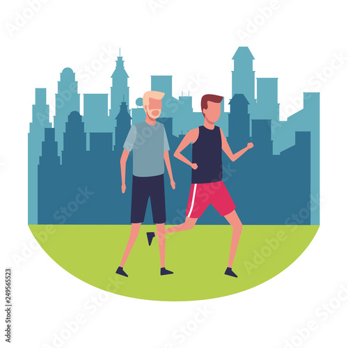 men walking and running at park round icon