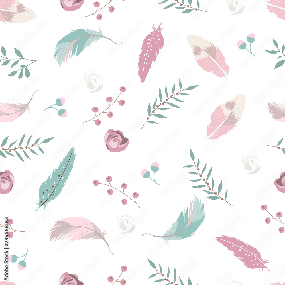 Pastel hand drawn seamless pattern with feather,rose,leaf and flower