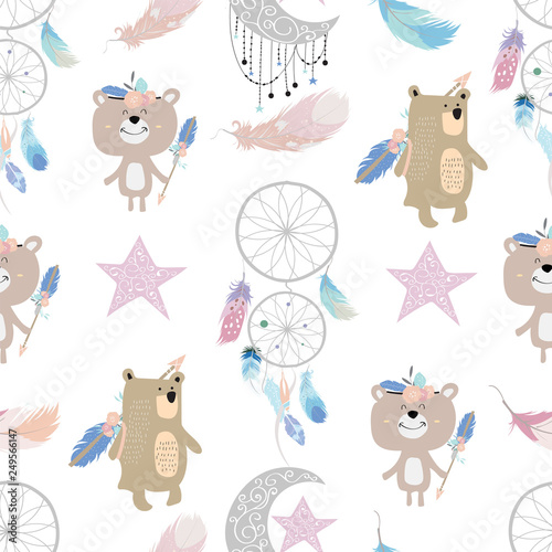 Pastel hand drawn seamless pattern with feather,dreamcather,wild,moon,star and bear