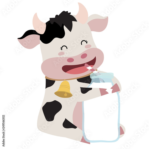 Cow hand drawn cute card with milk,cow,bottle and bell
