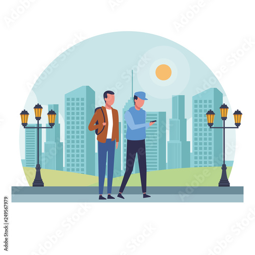 faceless guys bagpack walking
