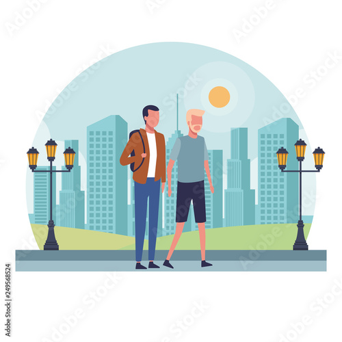 faceless guys bagpack walking