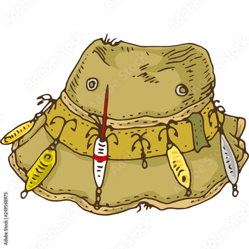 Khaki Hat with Fishing Lure and Hooks Stock Vector