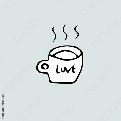 Love idea, a mug with a steaming drink and the inscription love