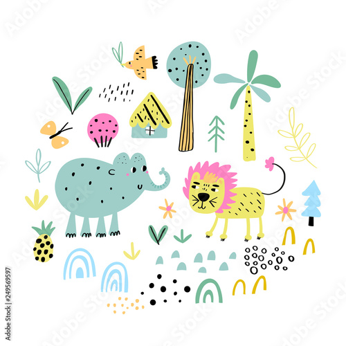 Fototapeta Naklejka Na Ścianę i Meble -  Cute vector set of children's drawings - exotic animals and plants. Doodle style. Ideal for childs decoration. African set. Elephant and lion.
