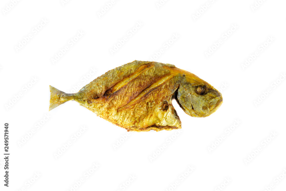 Fototapeta premium Fried fish on white background with selective focus and crop fragment