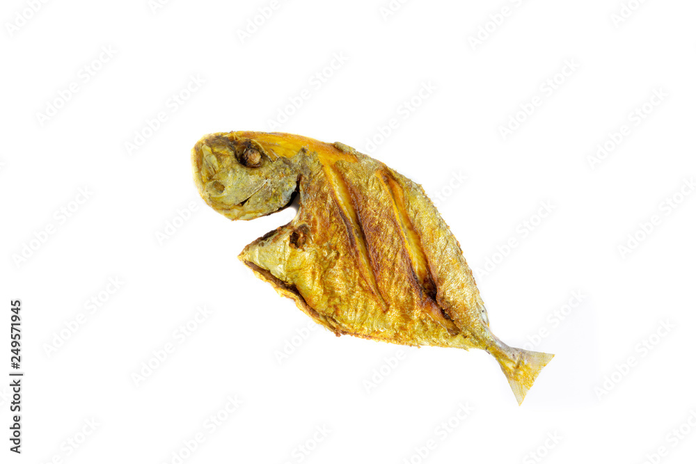Fototapeta premium Fried fish on white background with selective focus and crop fragment