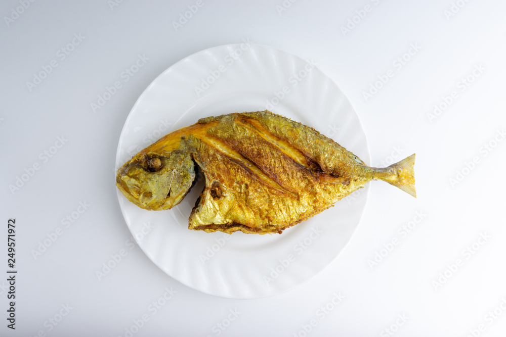 Fried fish on white background with selective focus and crop fragment Fried fish on white background with selective focus and crop fragment