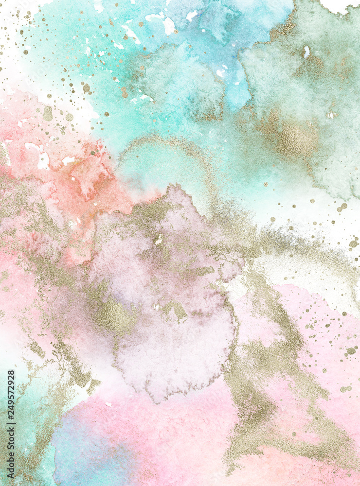 Gold, pink, white, blue and turquoise watercolor texture design. Brush stroke frame / border. Shimmering modern art. Illustration. Liquid, water, fluid, cloud, abstract background.