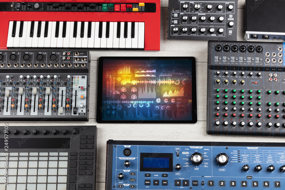 Electronic music instruments, microphone, piano, consoles and tablet with reports concept
Electronic music instruments, microphone, piano, consoles and tablet with reports concept