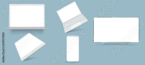 Vector minimalistic 3d isometric illustration set device. Smartphone, laptop, tablet, tv perspective view. Side and top view. Mockup generic device. 