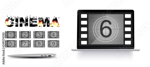 Movie countdown numbers on the laptop screen. Burning text cinema. Movie countdown numbers vector set. The countdown to the start of the old film.