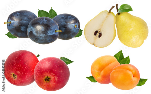 Fresh apricots apples  pears und plums with leaves isolated on white background