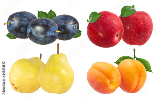 Fresh apricots apples, pears und plums with leaves isolated on white background