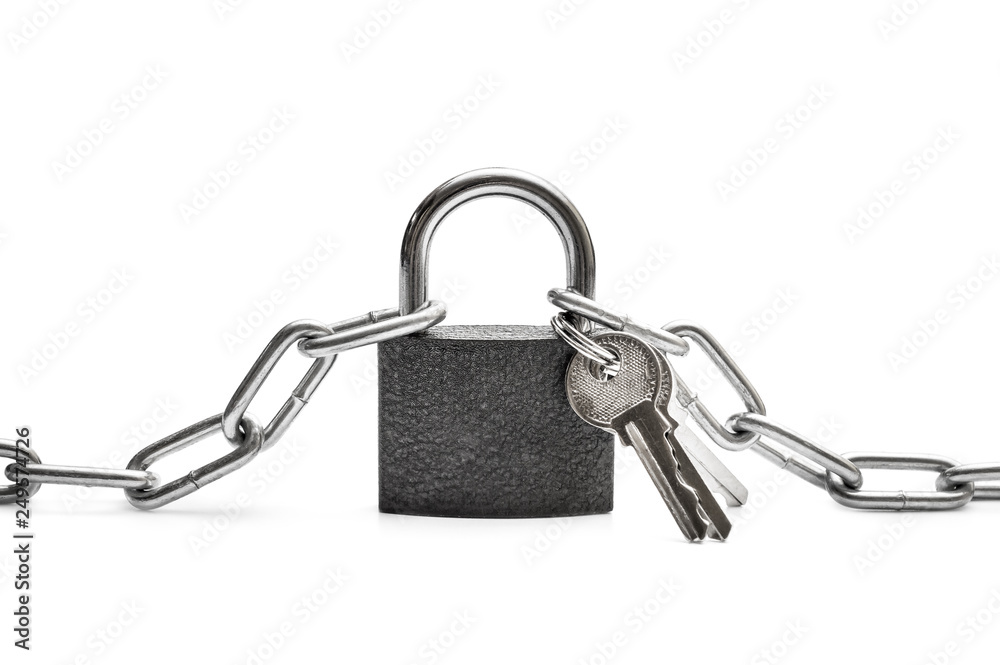 Padlock with keys and metal chain on white. Padlock with keys and metal chain on white.