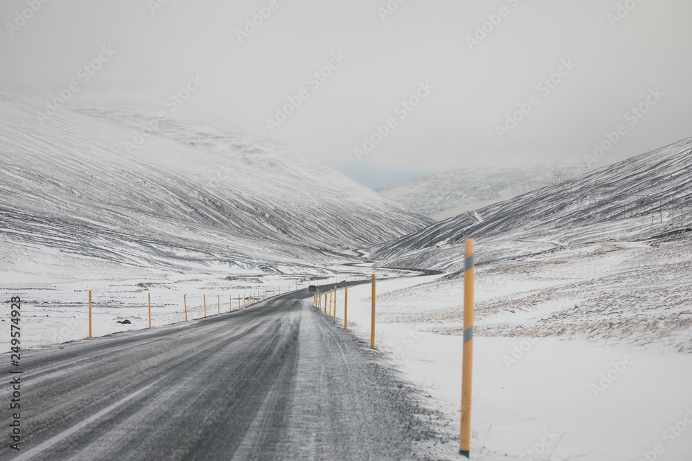 Icelandic ring road covered by snow in winter