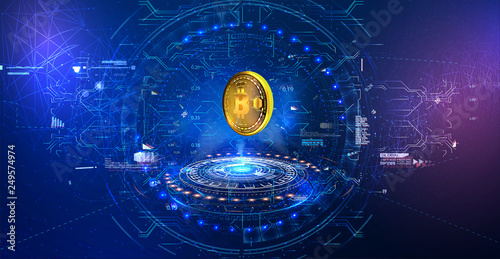 Bitcoin conceptual background with blue glowing electric lights in style HUD GUI UI. Modern bright banner, site template with place for your text