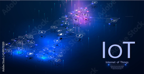 Internet of things (IOT), devices and connectivity concepts on a network. Spider web of network connections with on a futuristic blue background. IOT icons