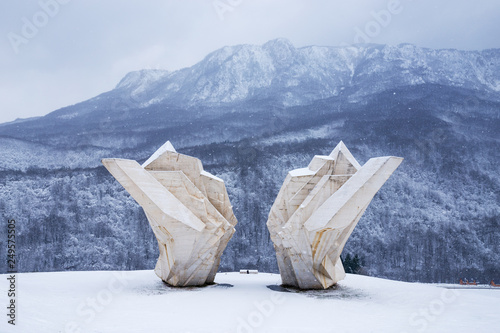 Tjentiste war memorial monument at winter day photo