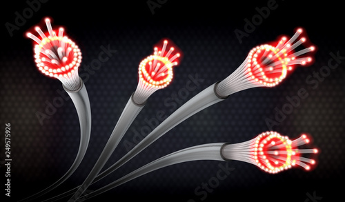 3d illustration of optical light guide cables in grez and red with open ends which shine very brightly photo