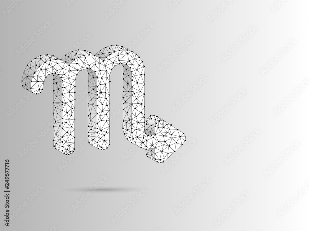 Scorpio Zodiac low poly abstract illustration consisting of points, lines, and shapes in the form of planets, stars and the universe. Origami Raster digit wireframe concept.