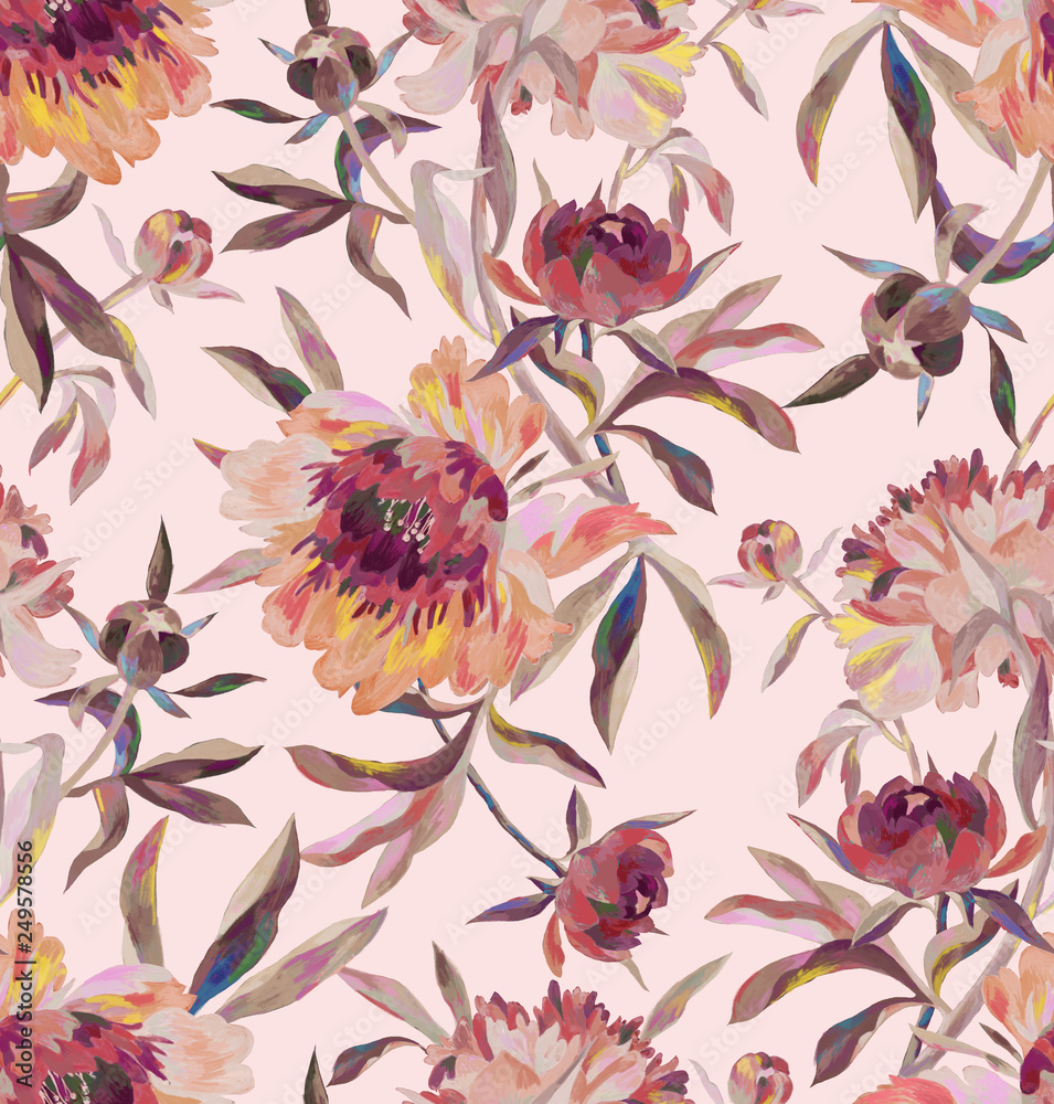 Floral seamless pattern with blossom flowers. Hand drawn peonies, buds and leaves painted with acrylic and gouache. Backdrop for wallpaper, fabric, textile, texture, wrapper or surface.