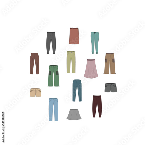 Colorful round template with bottom in cartoon style. Spring and autumn collection of fashion man and women clothing. Color vector background for print