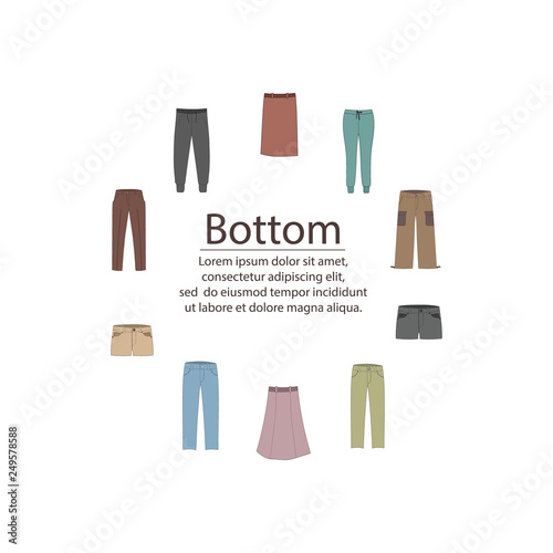 Colorful round template with bottom in cartoon style and text inside. Spring and autumn collection of fashion man and women clothing. Color vector background for print