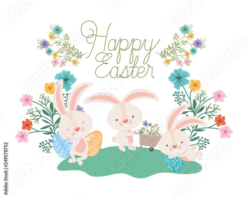 happy easter label with egg and flowers icon © grgroup