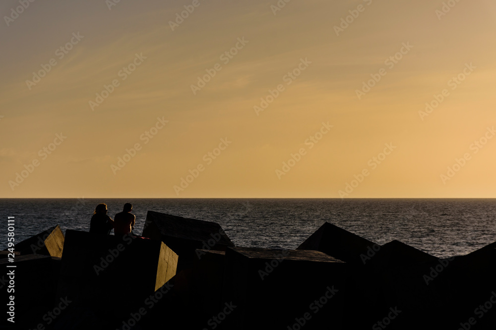 rear view of couple silhouette against sea during sunset