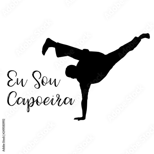 eu sou capoeira word with silhouette man with au batido move